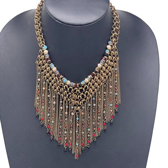 Multicolor Beaded Fringe Chain Choker Statement Necklace Gold Tone Wedding Guest - Picture 1 of 6